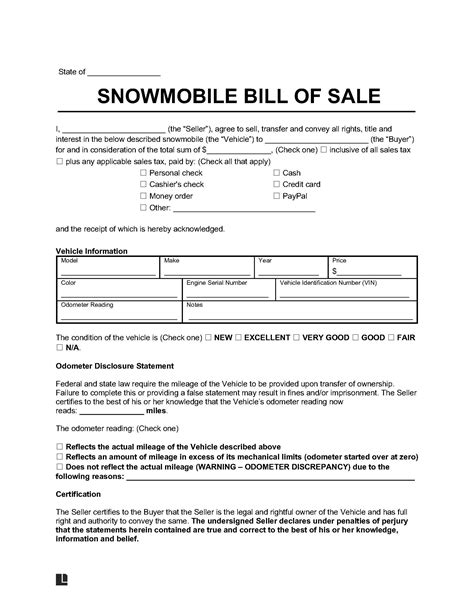 Printable Snowmobile Bill Of Sale